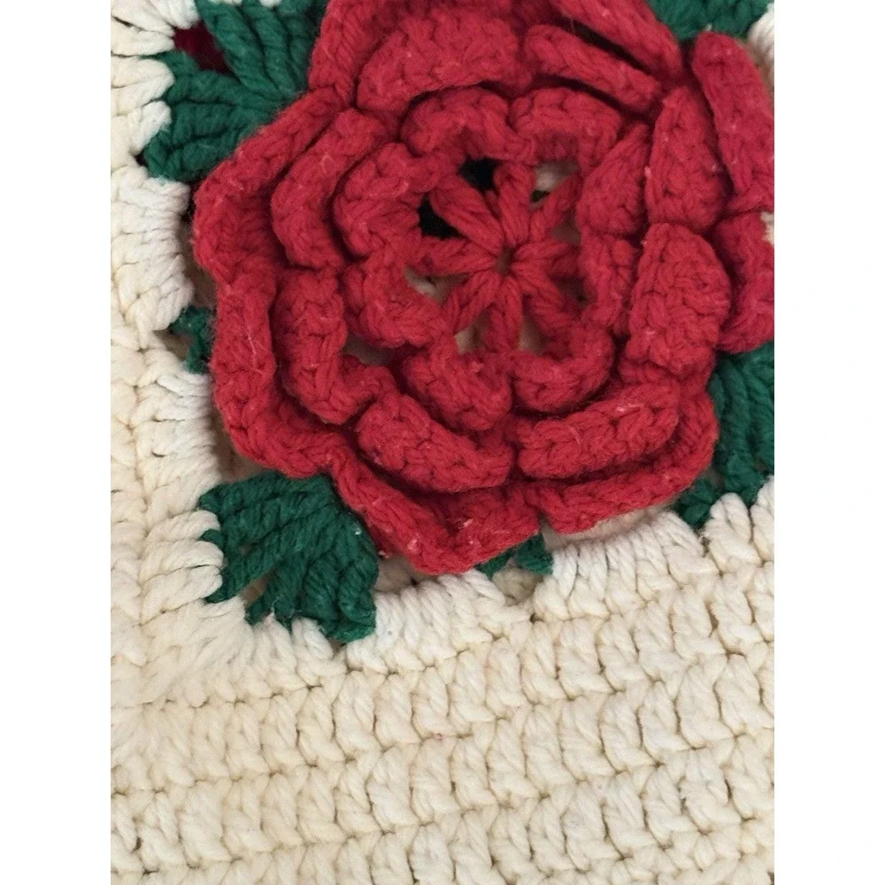 Vtg Granny Square Crochet Afghan Quilt Blanket 3D Rose 72